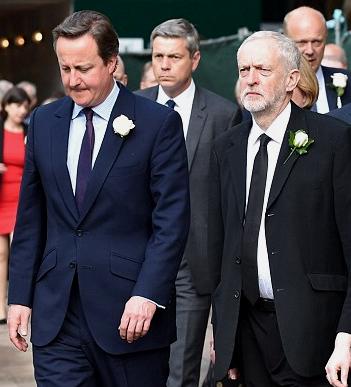 The leader of the ruling Conservative party and Prime Minister David Cameron walking alongside the main opposition Labour party leader Jeremy Corbyn. All united in grief at the loss of a rising star.
