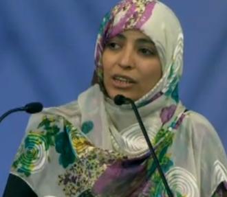 Nobel Peace Prize Winner Tawakkol Karman delivering her lecture in Oslo on December 10, 2011.