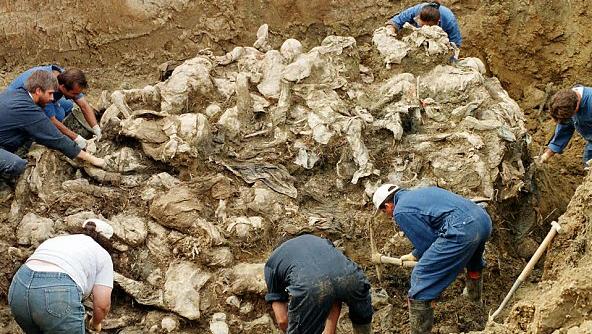 Forensic investigators examine a mass grave
