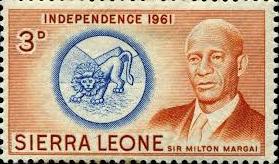 The founding father of Sierra Leone independence Sir Milton Margai depicted on a stamp. This was a 3 pence stamp used by all for letters and parcels.