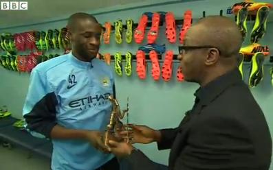 Yaya Toure receives the BBCAfrican Footballer of the Year award from ace sports journalist Peter Okwoche. Well done Yaya, well done.